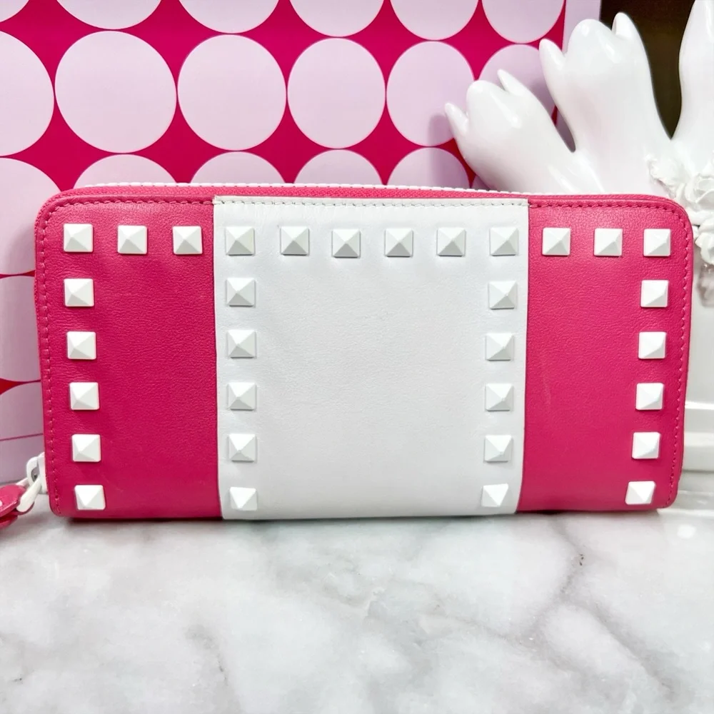 Valentino Garavani Pink & White Vitello Colorblock Rockstud Zip Around Wallet